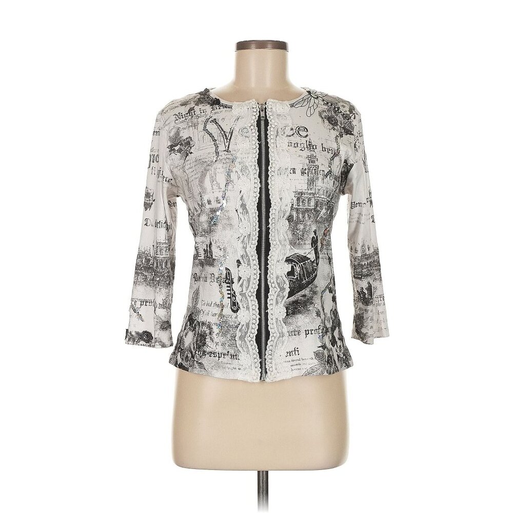 Women Lee Andersen Zip 3/4 Sleeve Mixed Media Venice Top Dragon Fly Size M